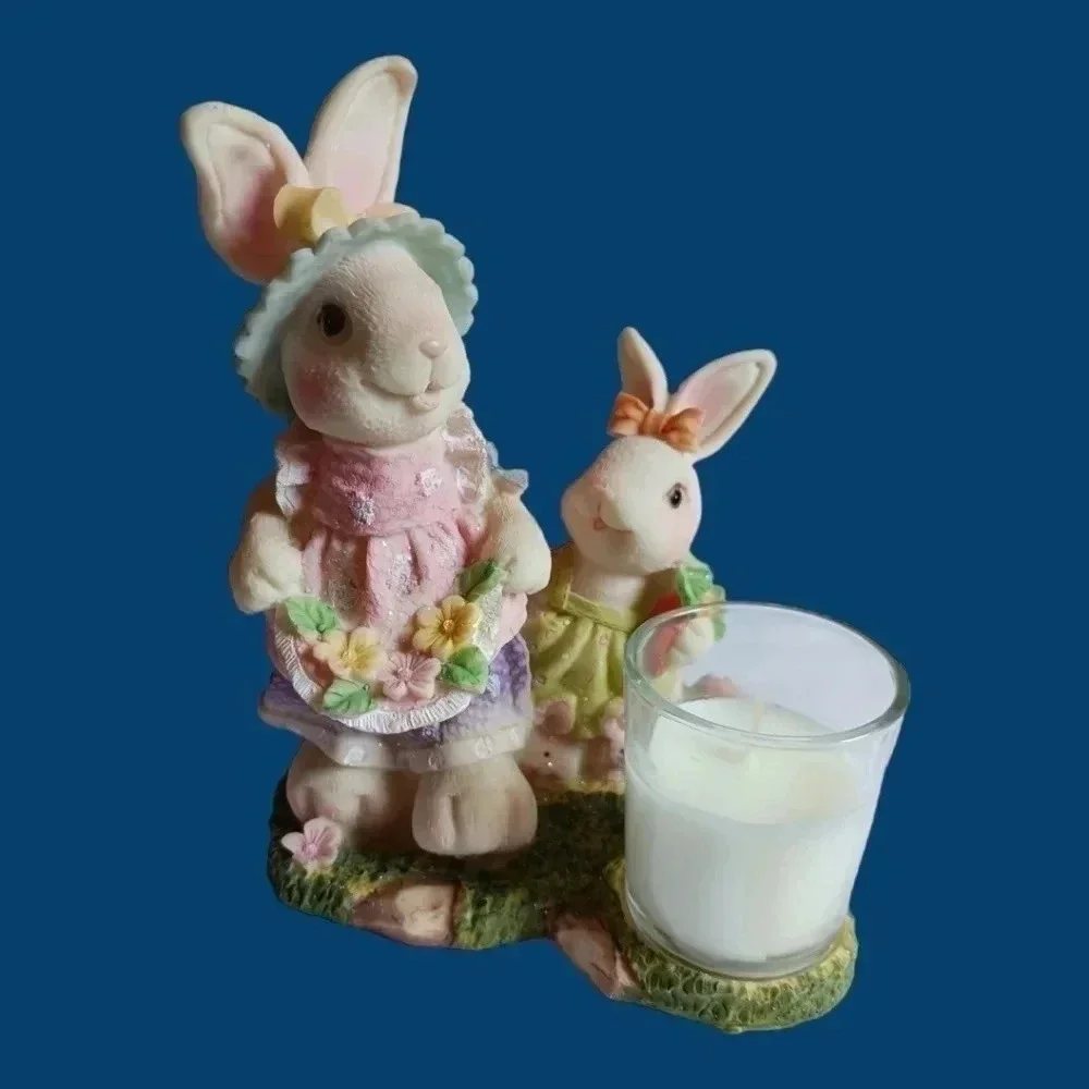 Vtg Cottage charms  ceramic dressed bunnies candle holder